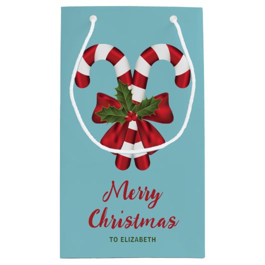 2つの赤と白フェスティバルキャンディーキャンと文字 スモールペーパーバッグ (裏面)