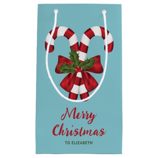 2つの赤と白フェスティバルキャンディーキャンと文字 スモールペーパーバッグ (正面)