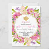 2つの赤面のピンクの花の水彩画の誕生日のための茶 招待状 (正面)