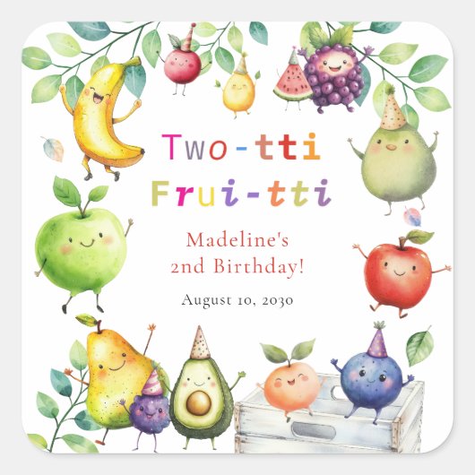 2つの踊りフルーツ2nd誕生日パーティー スクエアシール (正面)