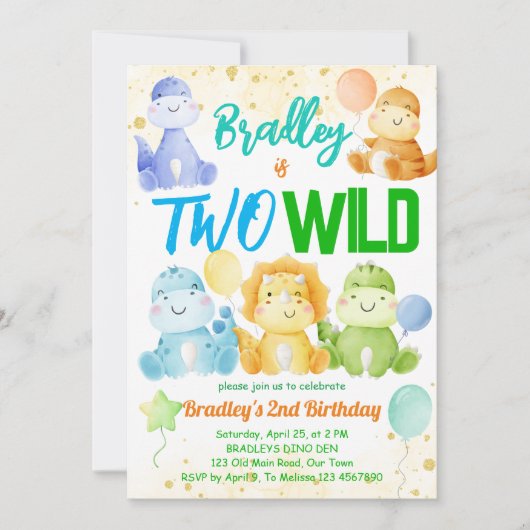 2つの野生のかわいいベビー恐竜2番目の誕生日招待状 招待状 (正面)
