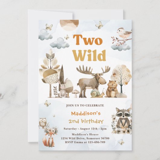 2つの野生のウッドランド動物2nd誕生日パーティー 招待状 (正面)