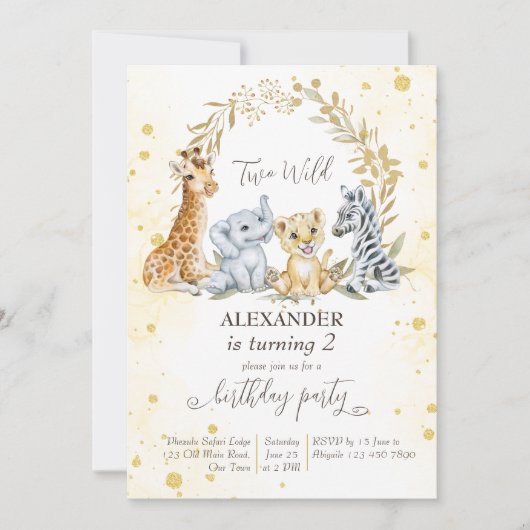 2つの野生のゴールデンジャングルサファリ動物のパーティー招待状 招待状 (正面)