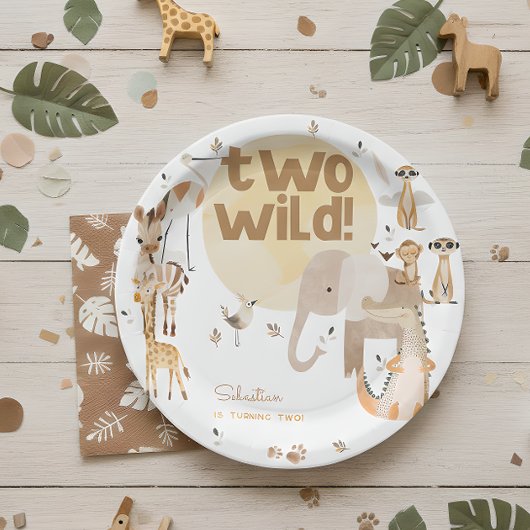 2つの野生のサファリの動物の子供の誕生日 ペーパープレート