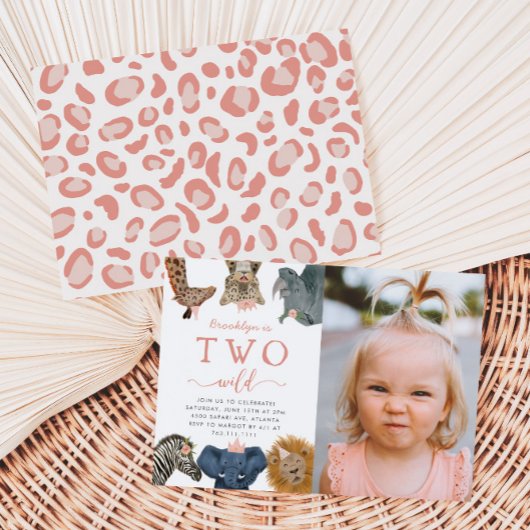 2つの野生のサファリアニマルズガール誕生日写真 招待状