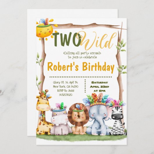 2つの野生のサファリアニマルト部族誕生日 招待状 (正面/裏面)