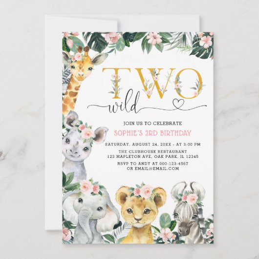 2つの野生のサファリジャングルアニマルズセカンド誕生日インビータ 招待状 (正面)