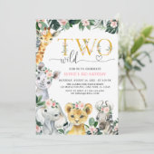 2つの野生のサファリジャングルアニマルズセカンド誕生日インビータ 招待状 (スタンド正面)