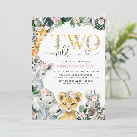 2つの野生のサファリジャングルアニマルズセカンド誕生日インビータ 招待状 (スタンド正面)