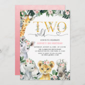 2つの野生のサファリジャングルアニマルズセカンド誕生日インビータ 招待状 (正面/裏面)