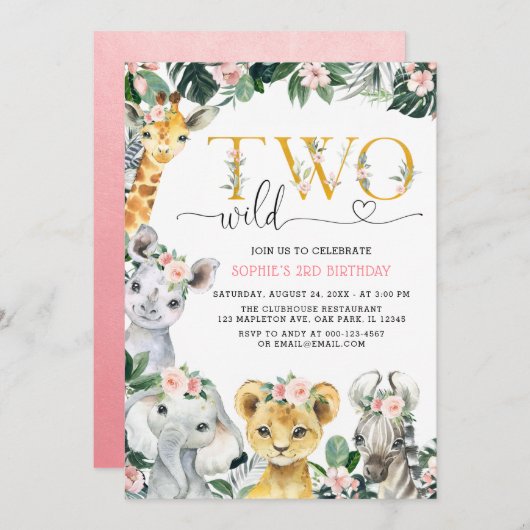 2つの野生のサファリジャングルアニマルズセカンド誕生日インビータ 招待状 (正面/裏面)