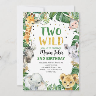 2つの野生のサファリジャングル動物の誕生日 招待状