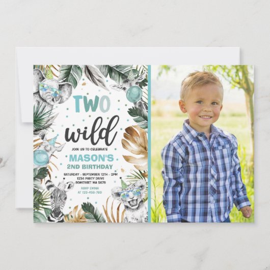 2つの野生のサファリジャングル動物2nd誕生日パーティー 招待状 (正面)