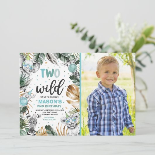 2つの野生のサファリジャングル動物2nd誕生日パーティー 招待状 (スタンド正面)