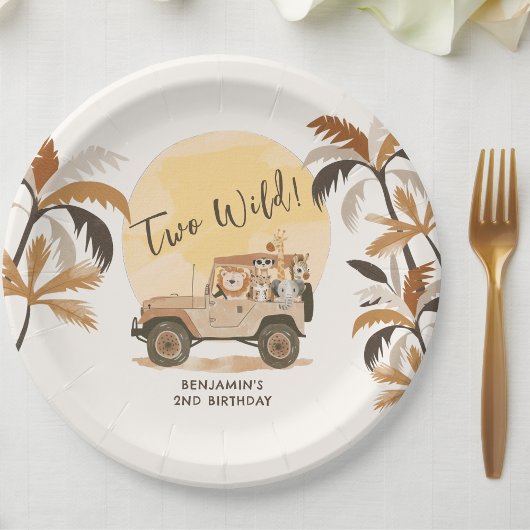 2つの野生のサファリジャングル動物2nd誕生日 ペーパープレート