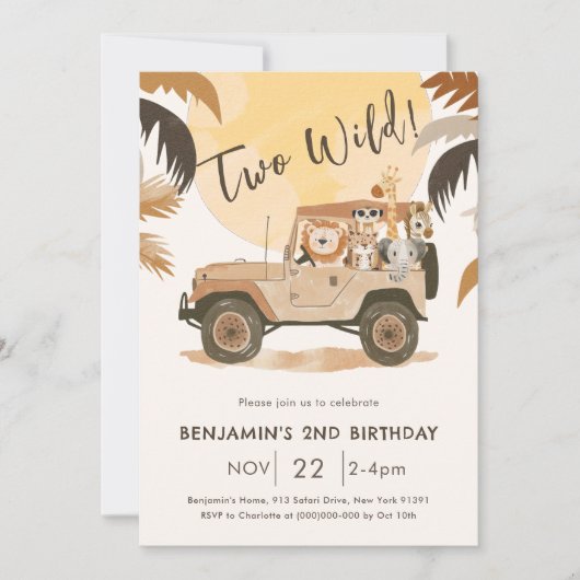 2つの野生のサファリジャングル動物2nd誕生日 招待状 (正面)