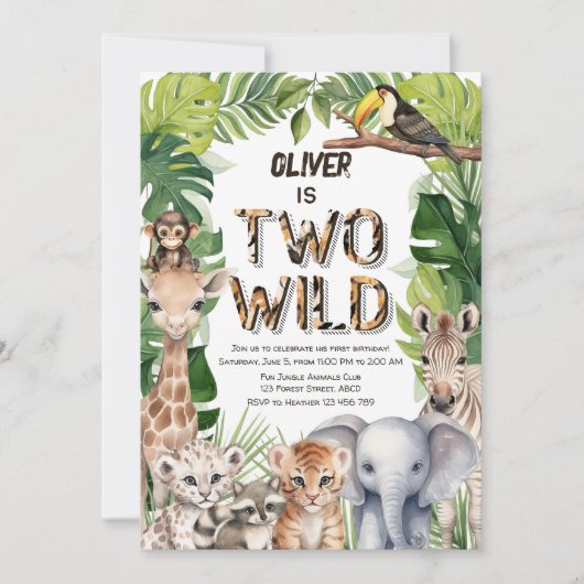 2つの野生のサファリ動物のテーマの男の子2歳の誕生日 招待状 (正面)