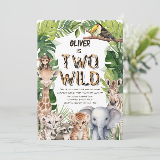 2つの野生のサファリ動物のテーマの男の子2歳の誕生日 招待状 (スタンド正面)