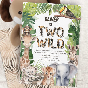 2つの野生のサファリ動物のテーマの男の子2歳の誕生日 招待状