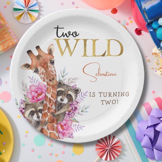 2つの野生のサファリ動物の子供の誕生日パーティー ペーパープレート