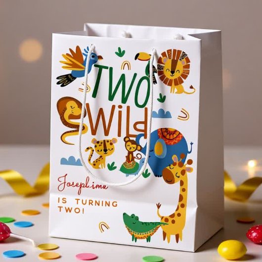 2つの野生のサファリ動物の子供の誕生日パーティー ミディアムペーパーバッグ