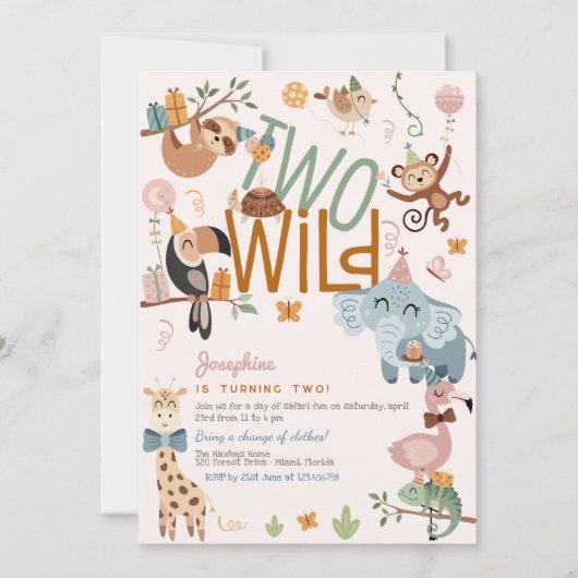 2つの野生のサファリ動物の子供の誕生日パーティー 招待状 (正面)