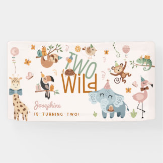 2つの野生のサファリ動物の子供の誕生日パーティー 横断幕