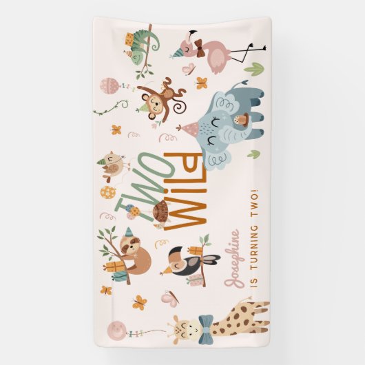 2つの野生のサファリ動物の子供の誕生日パーティー 横断幕 (縦)