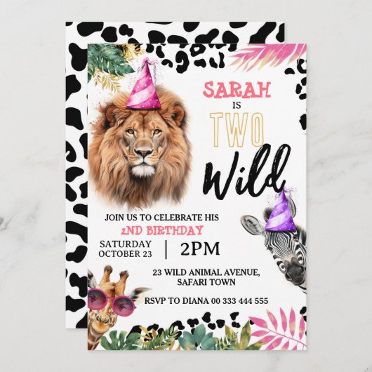 2つの野生のサファリ動物2nd誕生日パーティーインビタット 招待状 (正面/裏面)