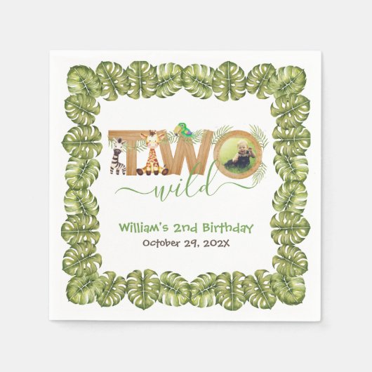 2つの野生のサファリ動物2nd誕生日パーティー写真 スタンダードカクテルナプキン (正面)