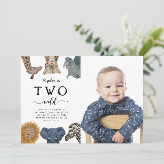 2つの野生のサファリ動物2nd誕生日パーティー写真 招待状 (スタンド正面)