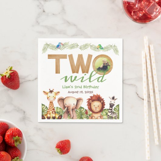 2つの野生のサファリ動物2nd誕生日フォトウッド スタンダードカクテルナプキン (インサイチュ)