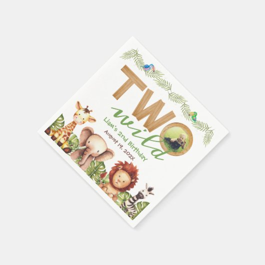 2つの野生のサファリ動物2nd誕生日フォトウッド スタンダードカクテルナプキン (角)