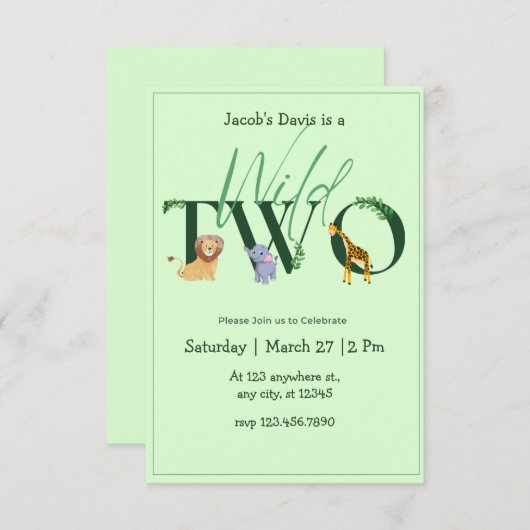 2つの野生のジャングルの緑の第2の誕生日の招待 出欠カード (正面/裏面)