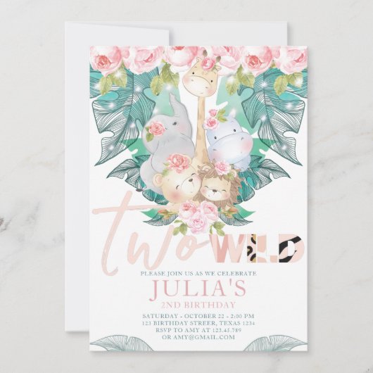 2つの野生のジャングルアニマル誕生日かわいい 招待状 (正面)