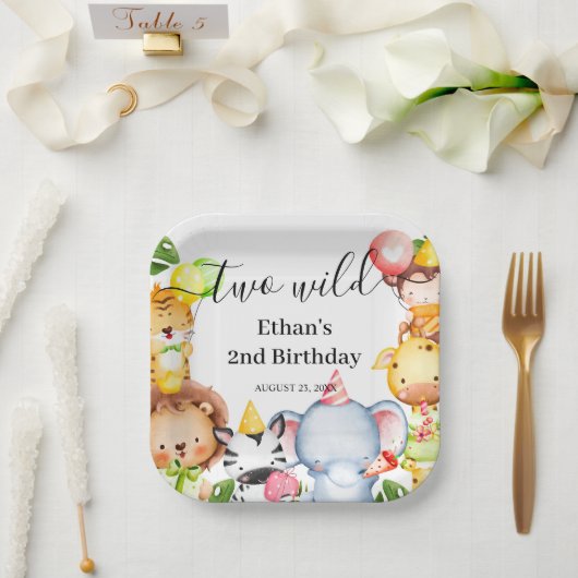 2つの野生のジャングルサファリ動物2nd誕生日パーティー ペーパープレート (ウェディング)