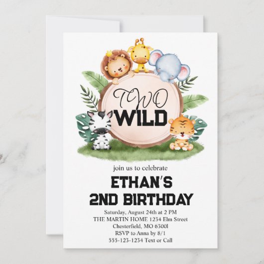 2つの野生のジャングルサファリ動物2nd誕生日パーティー 招待状 (正面)