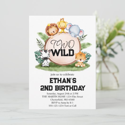 2つの野生のジャングルサファリ動物2nd誕生日パーティー 招待状 (スタンド正面)