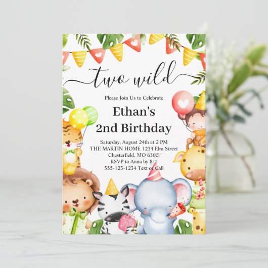 2つの野生のジャングルサファリ動物2nd誕生日パーティー 招待状 (スタンド正面)