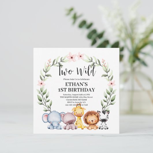 2つの野生のジャングルサファリ動物2nd誕生日パーティー 招待状 (スタンド正面)