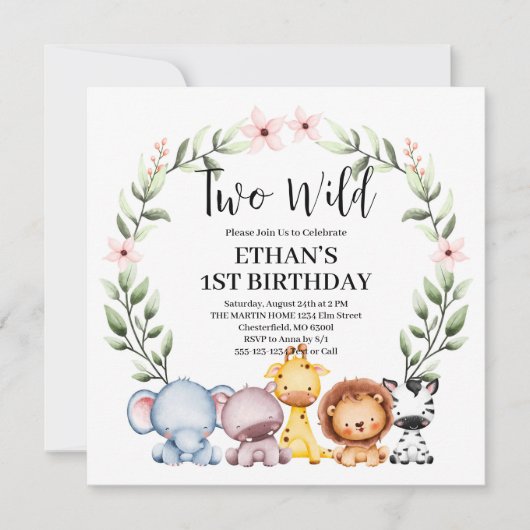2つの野生のジャングルサファリ動物2nd誕生日パーティー 招待状 (正面)