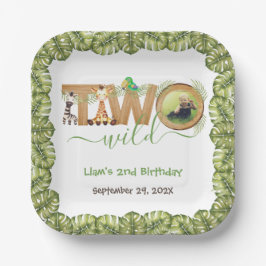 2つの野生のジャングル動物フォトウッドセカンド誕生日 ペーパープレート