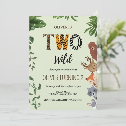 2つの野生の動物の手紙の緑の2番目の誕生日 招待状 (スタンド正面)
