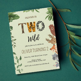 2つの野生の動物の手紙の緑の2番目の誕生日 招待状