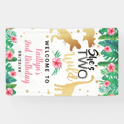 2つの野生の恐竜の女の子2nd誕生日パーティーへようこそ 横断幕 (横)