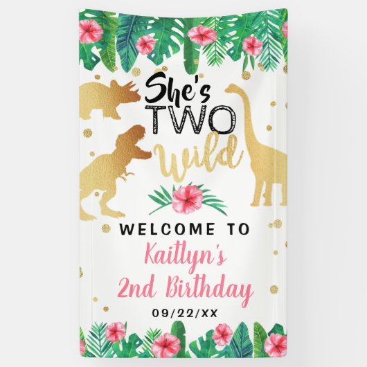 2つの野生の恐竜の女の子2nd誕生日パーティーへようこそ 横断幕 (縦)