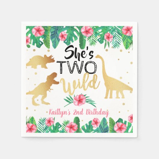 2つの野生の恐竜の女の子2nd誕生日パーティー スタンダードカクテルナプキン (正面)