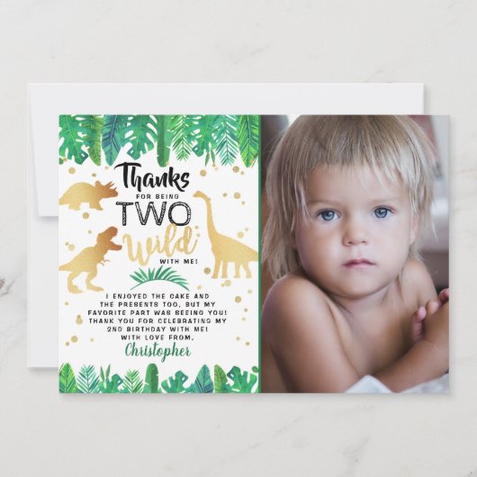 2つの野生の恐竜の少年の第二の誕生日写真 サンキューカード (正面)