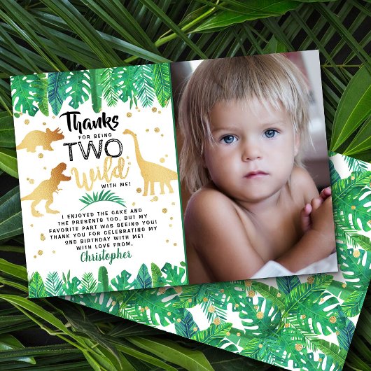2つの野生の恐竜の少年の第二の誕生日写真 サンキューカード