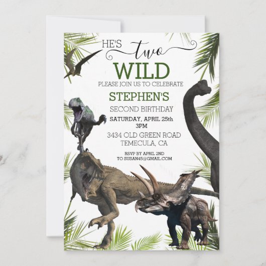 2つの野生の恐竜ティラノサウルスラプター誕生日 招待状 (正面)